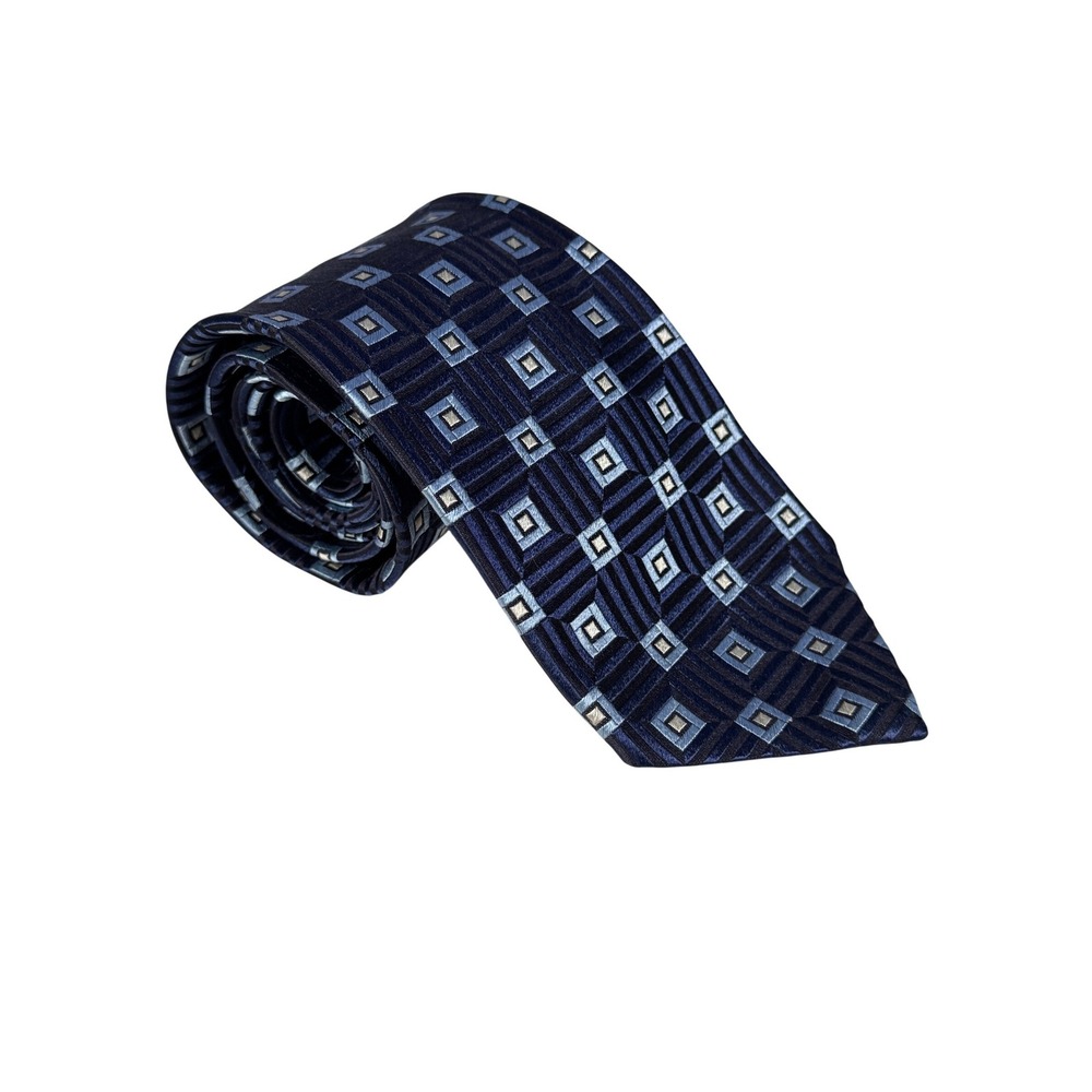 Ermenegildo‎ Zegna Navy Blue Geometric Square Silk Tie Made in Italy Designer